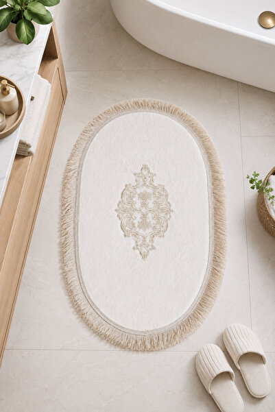 Bonny Home Gold Lace Non-Slip Leather Based Oval Bath Mat with Tassels Washab...