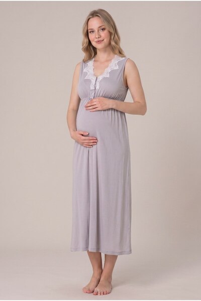 LOHOUSE Women's Gray Floral Lace Sleeveless Wide Fit Maternity Nightgown and Dressing Gown Set with Nursing Features