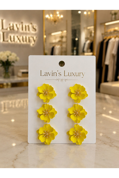 Lavin's Luxury Sarı Çiçek Tasarımlı 3 Katlı Sallantılı Küpe