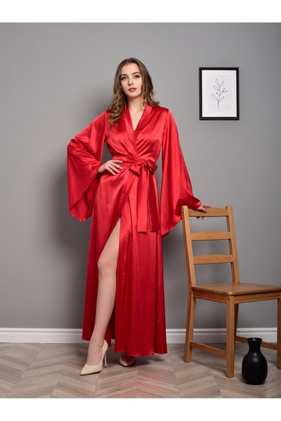 Lama Lingerie Kadın Saten Uzun Sabahlık Geniş İspanyol Kollu ve Kuşaklı Kimon...