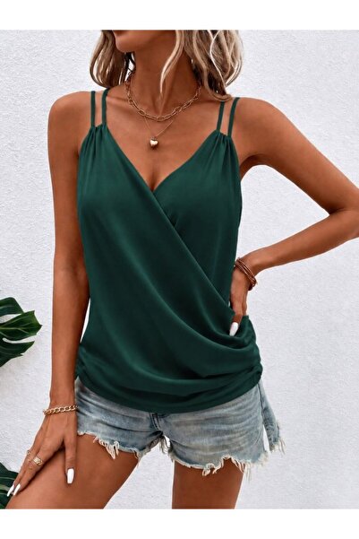 pazarella Women's Strappy Double-Breasted Collared Sandy Blouse with Pleated ...