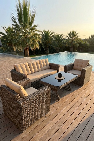 Bahçe Oturma Grubu Rattan 3+1+1 Kahverengi Lord Kalın Örgü Minderli Sehpalı Teras Balkon Takımı