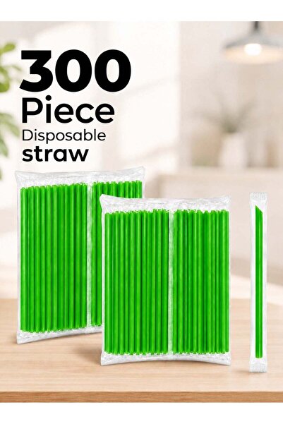 RENOVO 300 Piece Green Disposable Plastic Straws 8mm - 210mm Individually Wra...