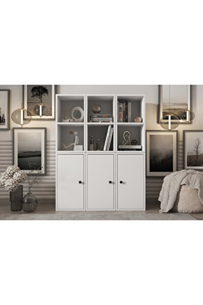 Vivense LEKSA 3 KAPAKLI RAFLI KİTAPLIK 97 CM BEYAZ KTP-1069-Ç