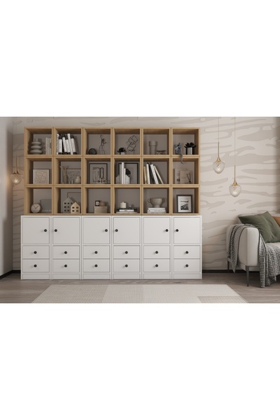 Vivense ZARA AHŞAP VE BEYAZ KİTAPLIK ÇEKMECELİ VE KAPAKLI SALON KONSOLU NRG K...