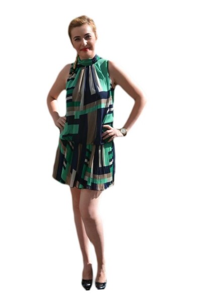 OEM Rochie din voal subtire cu imprimeu abstract verde-bleumarin- bej