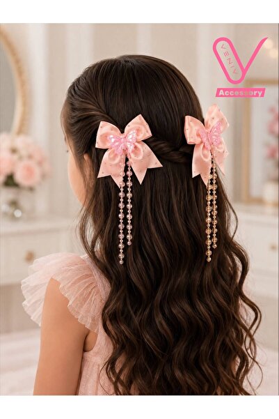 VENİV Girl's Butterfly Beaded Hair Clip Ribbon Hair Accessory 2 Pieces