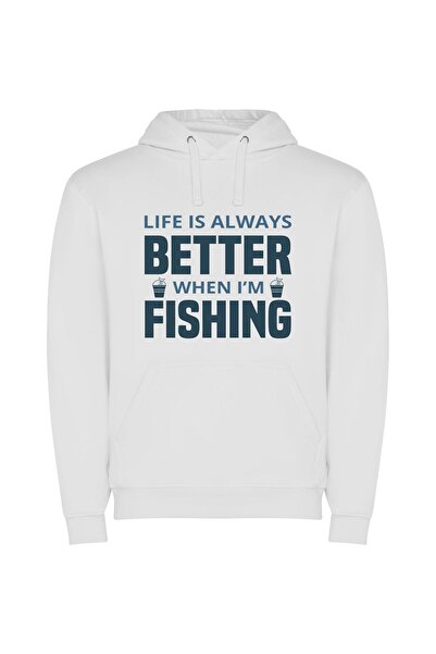 iLovePrints Fishing: Life's Bitter Bliss Φούτερ με κουκούλα σε χρώμα Λευκό