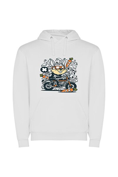 iLovePrints MotoHare: Electric Bunny Revs! Φούτερ με κουκούλα σε χρώμα Λευκό