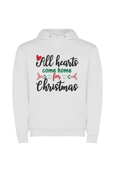 iLovePrints Hearts Home for Christmas Φούτερ με κουκούλα σε χρώμα Λευκό