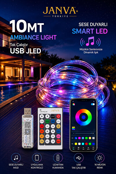 Janva Televizyon Arkası 10 Metre Bluetooth Telefon Kontrollü Şerit Led Sese D...