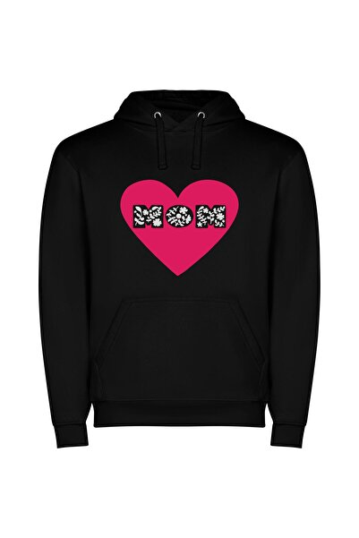 iLovePrints Mom's Floral Heart Φούτερ με κουκούλα σε χρώμα Μαύρο