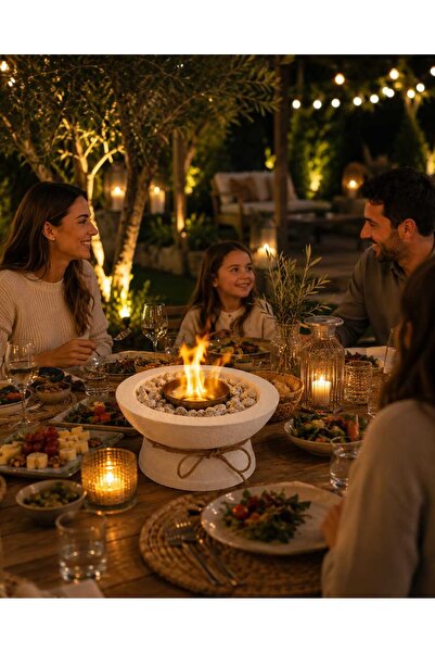 El Yapımı Beyaz Masa Şöminesi – Modern Dokulu Dekoratif Ateş Çukuru