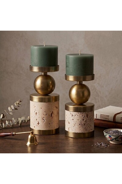 luss collection Lena Natural Traverten Eskitme Metal Detaylı 2 Li Set Şamdan/...
