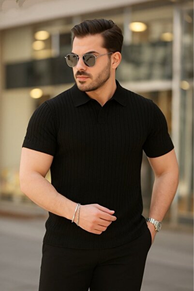 UFC 1985 TOP BRAND Men's short sleeve collared striped knit blouse