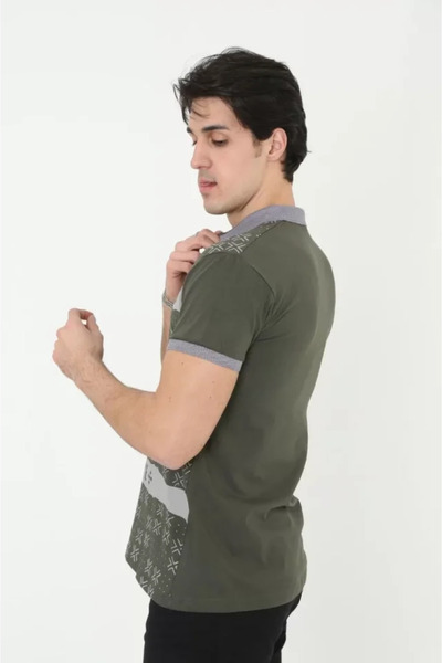 pazarella Men's slim fit printed t-shirt with collar - khaki