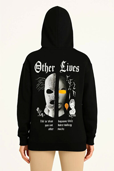 pazarella Three Thread Hooded Front and Back Printed Sweatshirt Hoodie - Black