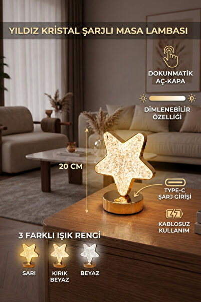 ZNEEL Yıldız Kristal Şarjlı LED Masa Lambası 20 cm | Dokunmatik, 3 Renk Işık,...