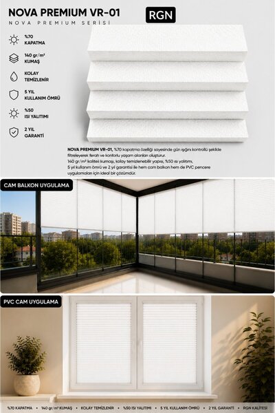 NOVA PREMIUM 01 Beyaz Kancalı Plise Perde Cam Balkon Pencere