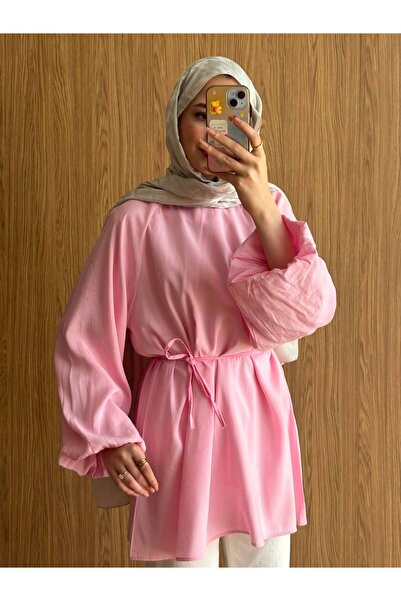 QUWİQ Women's Crew Neck Balloon Sleeve Waist Tie Hijab Tunic