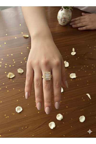 Makerlab Baget Taşlı Gold Renk Kare Tasarım Zirkon Taşlı Şık Kadın Yüzük