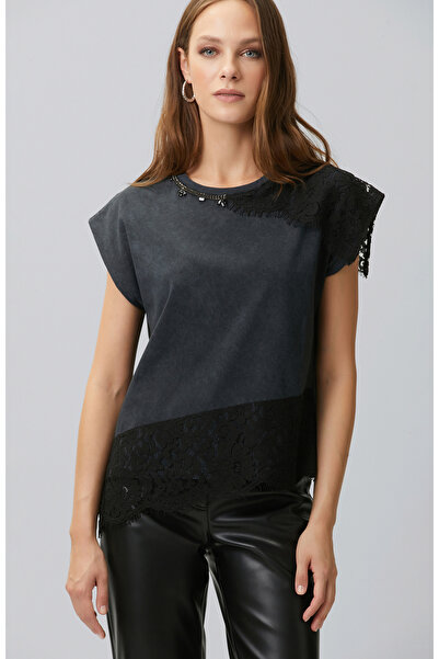 Network Antrasit Dantel Garni Detaylı T-shirt