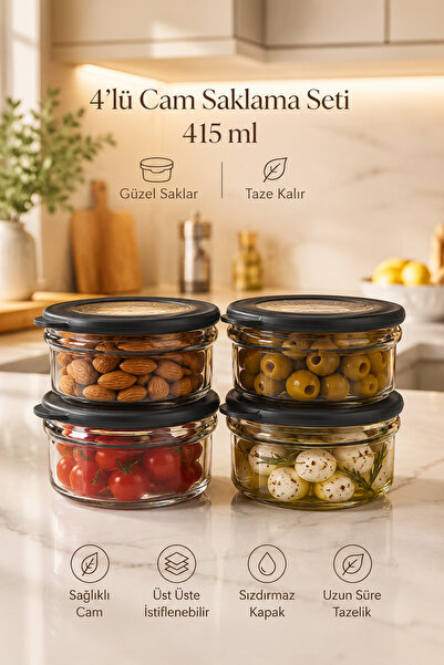 Porsima ET-00104 Flat 4lü Cam Kahvaltılık Çok Amaçlı Saklama Kabı Cam Kahvalt...