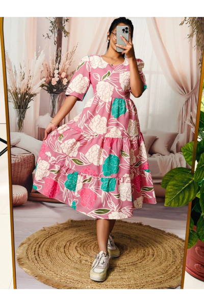 MYSMAR Pink Floral Printed Cotton Tiered Midi Dress - RMD9272 | Pink-Size:L-4...