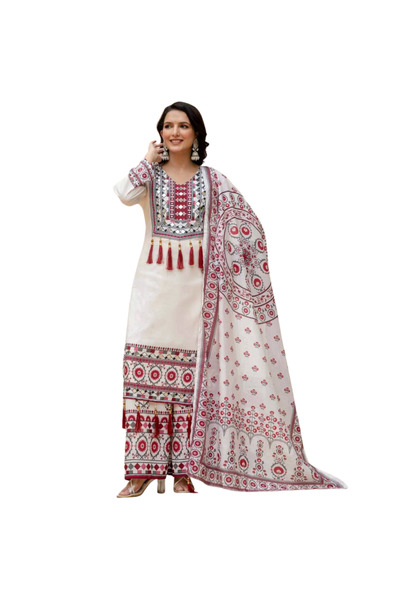 MYSMAR White Maslin Printed Mirror Work Palazzo Set with Dupatta - FFT7460 | ...