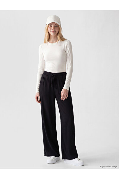LC Waikiki Black Elastic Waist Linen Look Women's Trousers
