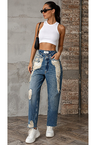 MADAME MELEK Premium Original Branded High Waist Ripped Detailed Wide Leg Den...