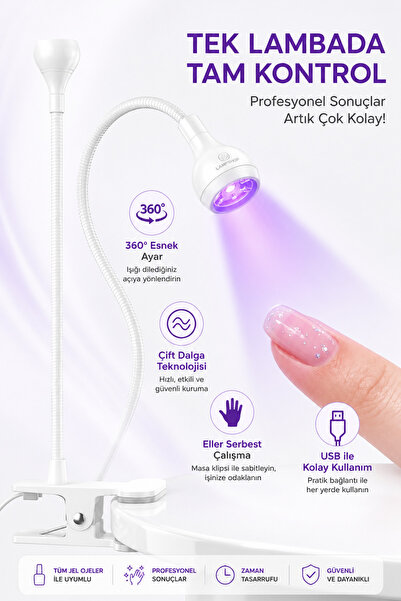 indirimsevinci UV LED Tırnak Kurutma Lambası Klipsli USB Jel Oje Kurutucu 360° Esnek Boyun Ayak Pedallı