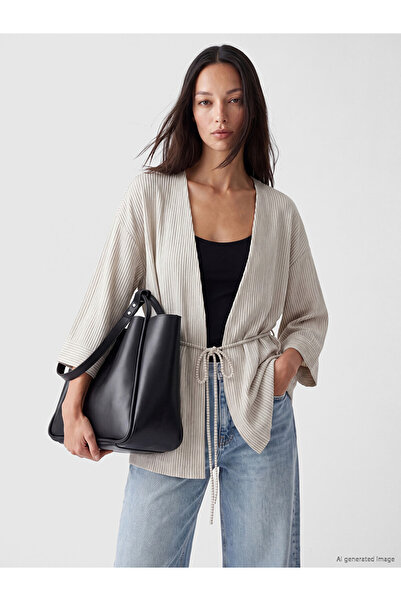 LC Waikiki Beige Shawl Collar Striped Belted Women's Kimono