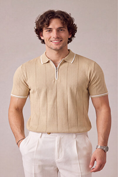 MENOFOURSWEAR Men's Half Zipper Premium Polo Collar T-Shirt