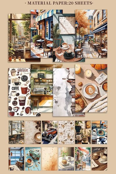 Buka Shops Scrapbook and Junk Journal Sticker Set 50 Sheets Coffee and Cafe Themed - 30 Stickers + 20 Material Papers