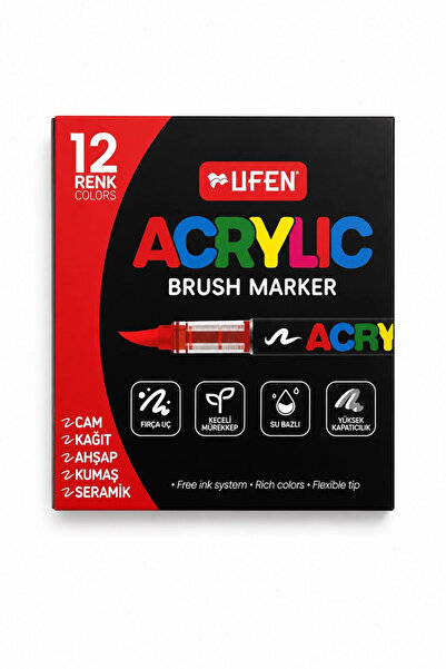 UFEN 12 Renk Acrylic Brush Marker | Su Bazlı Fırça Uçlu Keçeli Kalem Seti 12'li