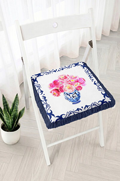 Realhomes Pink Rose Bouquet and Tile Vase Patterned Fringed Zippered Chair Cu...