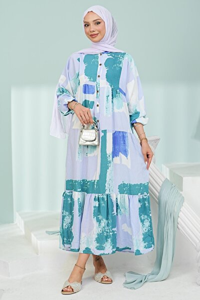 İmajButik Lilac Half-Buttoned Layered Viscose Dress with Elastic Sleeves