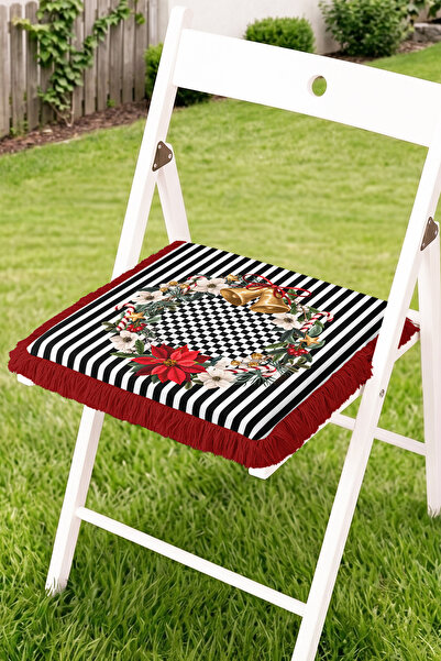 Realhomes Black and White Striped Fringed Zippered Chair Cushion with Christm...