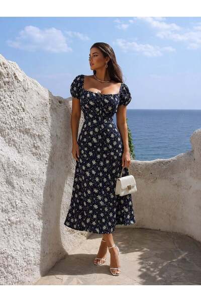 Modafeminen Pattern 1 Slit Square Neck Long Dress 581786