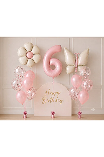 ALYA PARTİ Kelebekli 6 Yaş Doğum Günü Balon Seti Pudra Pembe Papatya Folyo Ba...