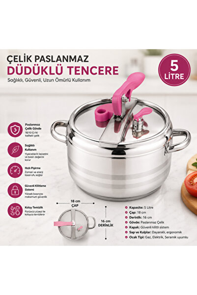 Genel Markalar İŞBİR 5 LİTRE PASLANMAZ ÇELİK SAĞLAM KİLİT SİSTEMLİ DÜDÜKLÜ TE...