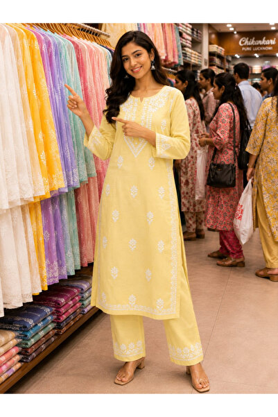 MYSMAR Yellow Chikankari Embroidered Cotton Kurta Set - CHK1010 | Yellow-Size...