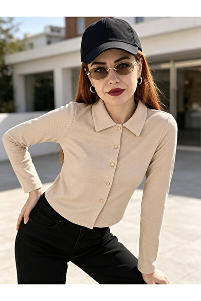 aurabutikstyle Bej Kadın Fitilli Polo Yaka Düğmeli Crop Gömlek Bluz