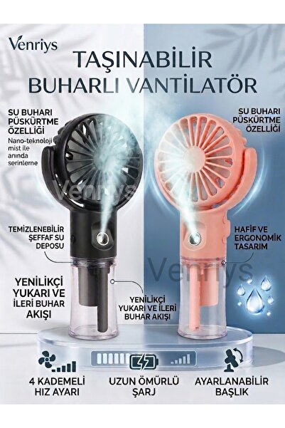 Venriys Şarjlı Su Buharlı El Fanı-4 Kademeli Hız-Su Püskürtmeli Taşınabilir S...