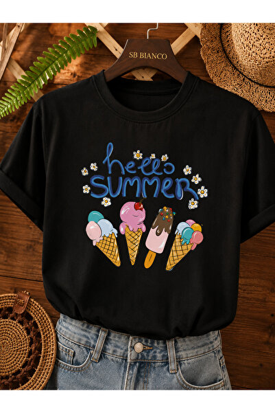 SB BİANCO تي شيرت فاخر للجنسين مطبوع عليه Hello Summer Ice Cream |   تي شيرت ...