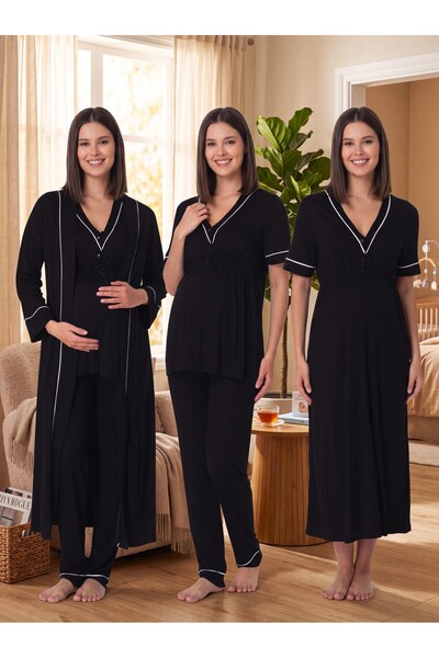 Lohusa Homewear New Season Black Piping Detailed Design with Easy Breastfeedi...