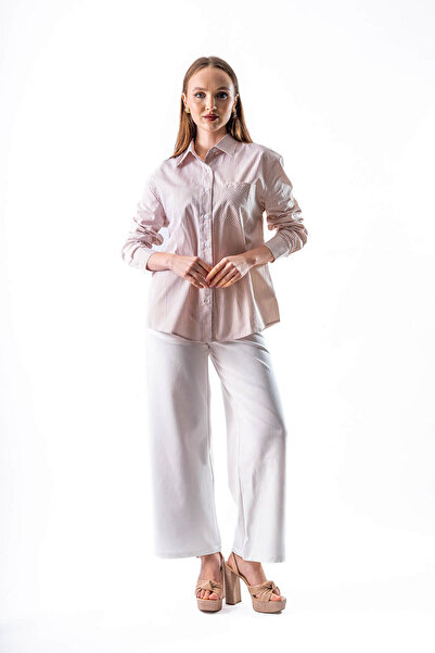 2TRENDY Women's Classic Collar Striped Long Sleeve Shirt Beige