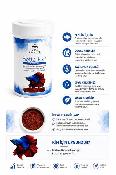 White Balance Betta Balık Yemi 100 ml - Beta Balıkları İçin Granül Akvaryum Y...