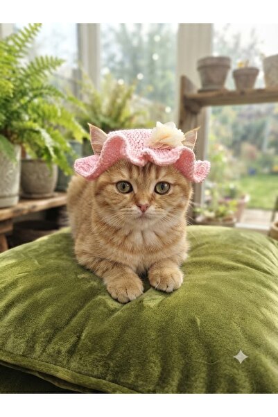 Jasminya Pembe Renk Tül Çiçek Kedi-Küçük Irk Köpek Şapkası & Baş Aksesuarı El...